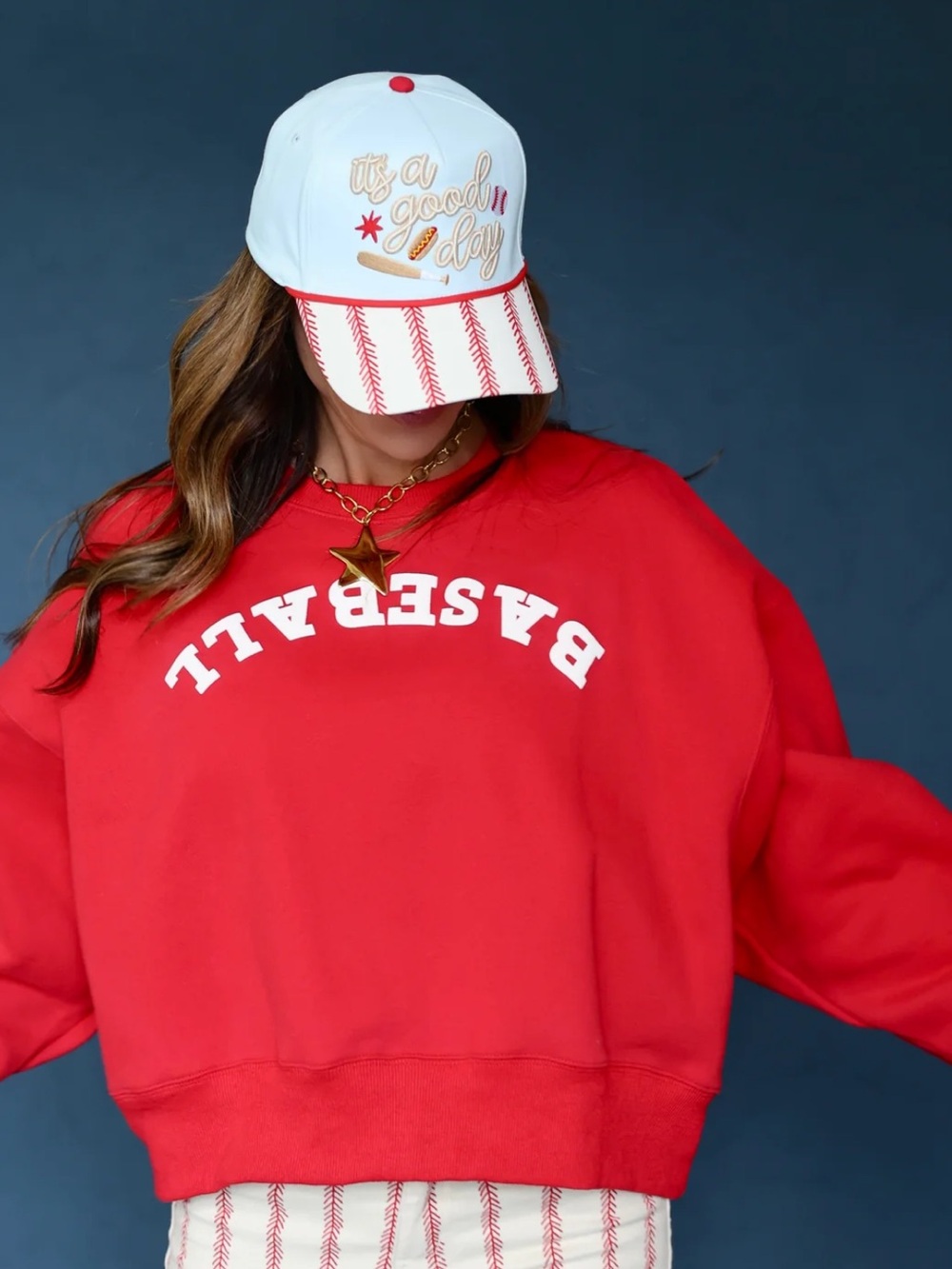 POPPY&PINE Upside-down Baseball Red Cropped Baseball Sweatshirt L/XL